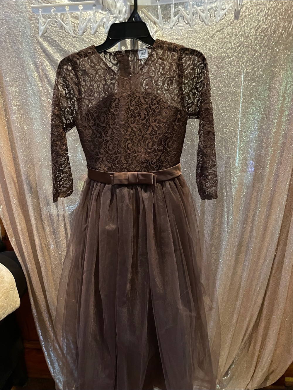 Girls Lace Bodice Tulle Maxi Dress with Bow - Brown NWOT